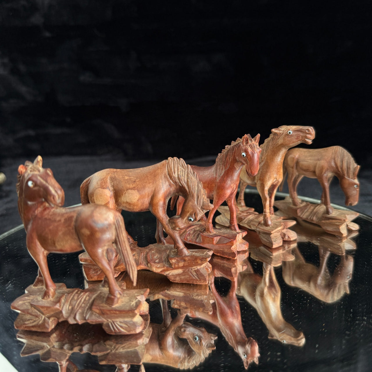 Vintage Hand Carved Wooden Horse Figurines Set Lot of 5 Rustic Folk Art 3.5”2