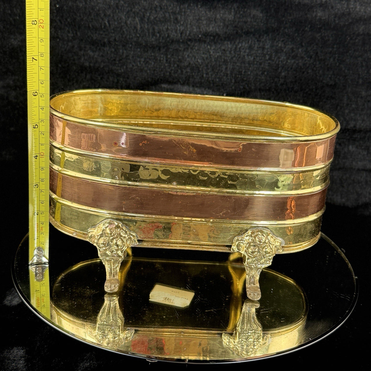 Vintage Copper & Brass Planter Jardiniere 9.5” Footed Oval Hammered Floral deco9