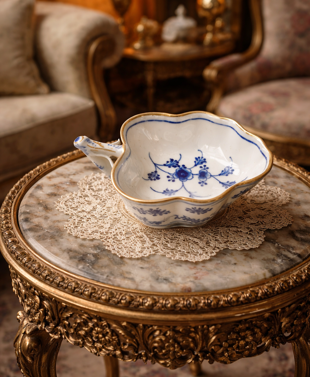 Antique 1870s Royal Copenhagen Blue Fluted Leaf Candy Dish Gold Edge 1st Quality0
