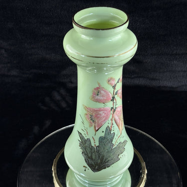 Antique Milk Glass Vase Pink Bell Flowers Hand Painted 10.5” Green Enamel Gilt1