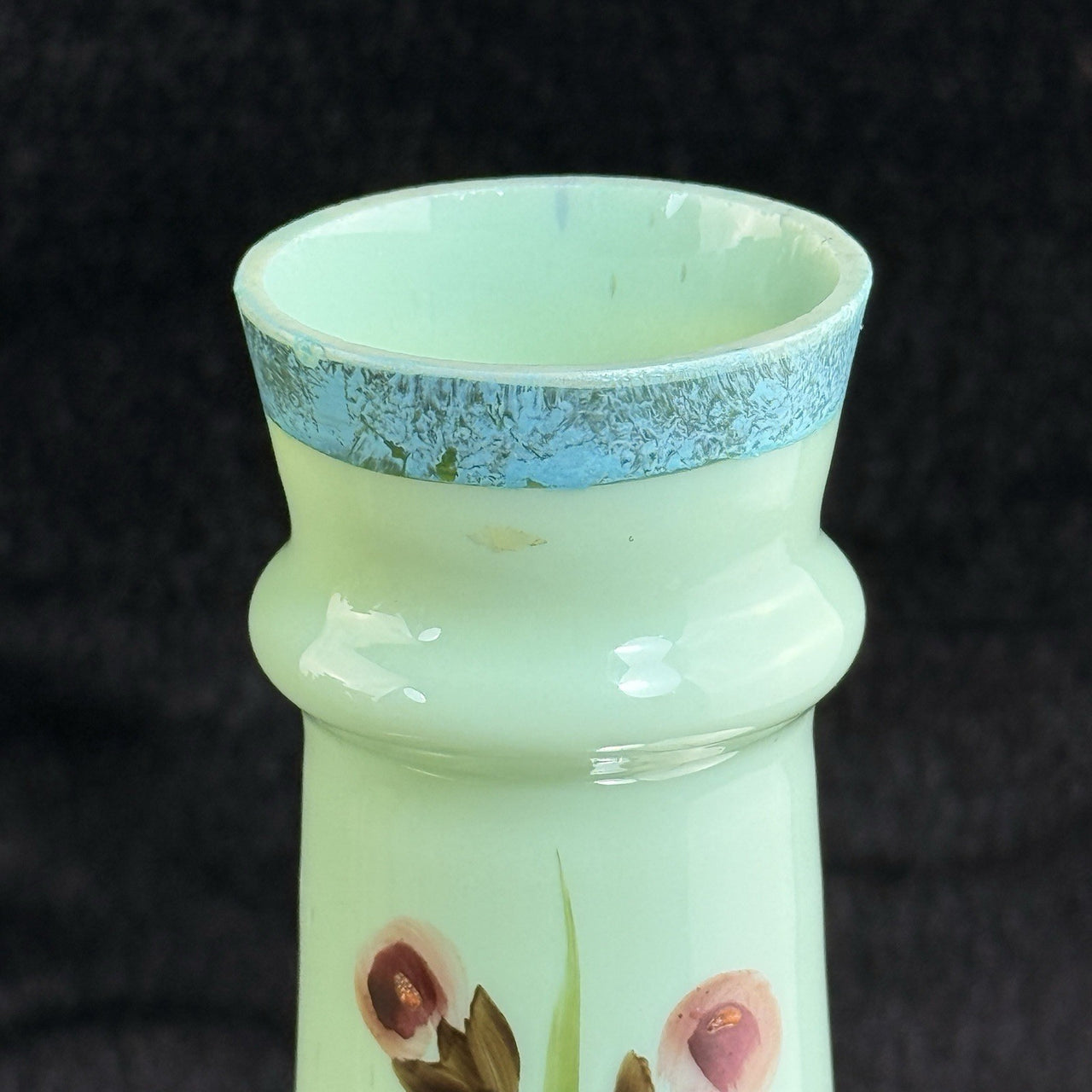Antique Milk Glass vase Art Glass Vase Turquoise Floral Tall 10” Enameled decor3
