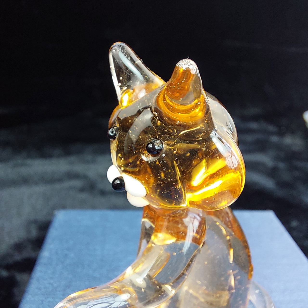 Handmade Glass Amber Cat Figurine Sitting Clear Legs 3" Animal Art Good w/ Box4