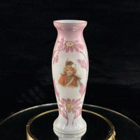 Thumbnail for Victorian Pink Milk Glass Vase Portrait Girl Hand Painted Enamel 8” Antique Vase0