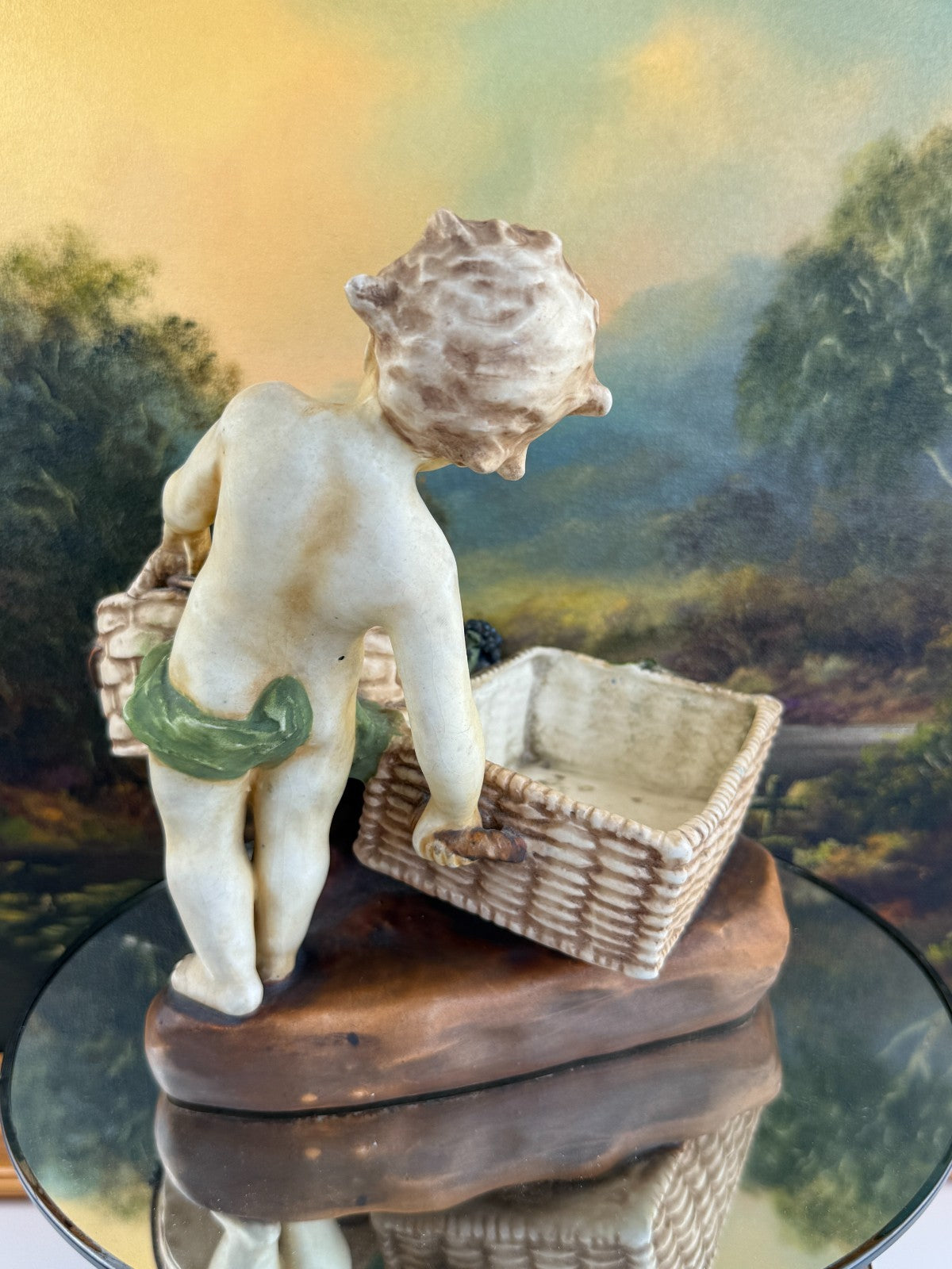 Antique Putti Planter Figurine with Wicker Baskets and Berries - Majolica Style11