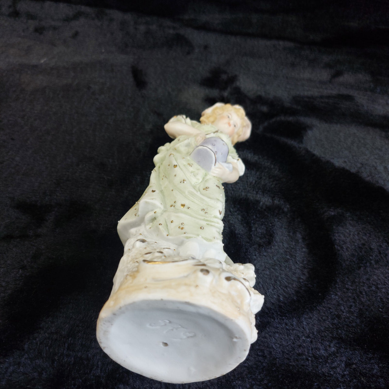 German 9in Bisque Figurine Girl Watering Can Antique Hand Painted Gilt Accents10