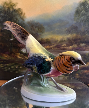 Rare Art Deco Keramos Wien Porcelain Golden Pheasant Figurine - Made in Austria0