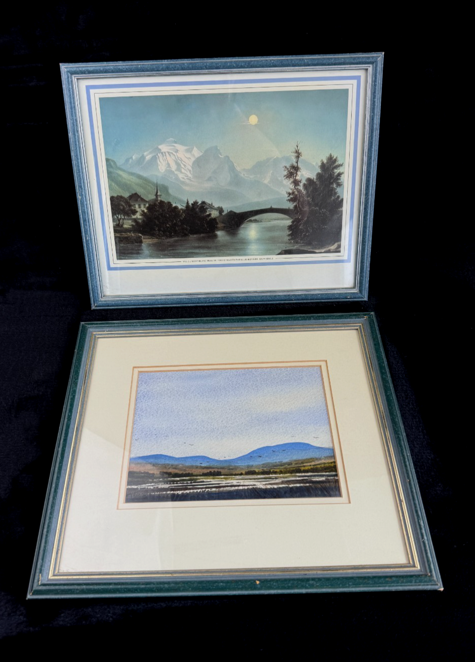 A Pair of Vintage Landscape Prints Coastal & Swiss Alps Marshlands blue green11