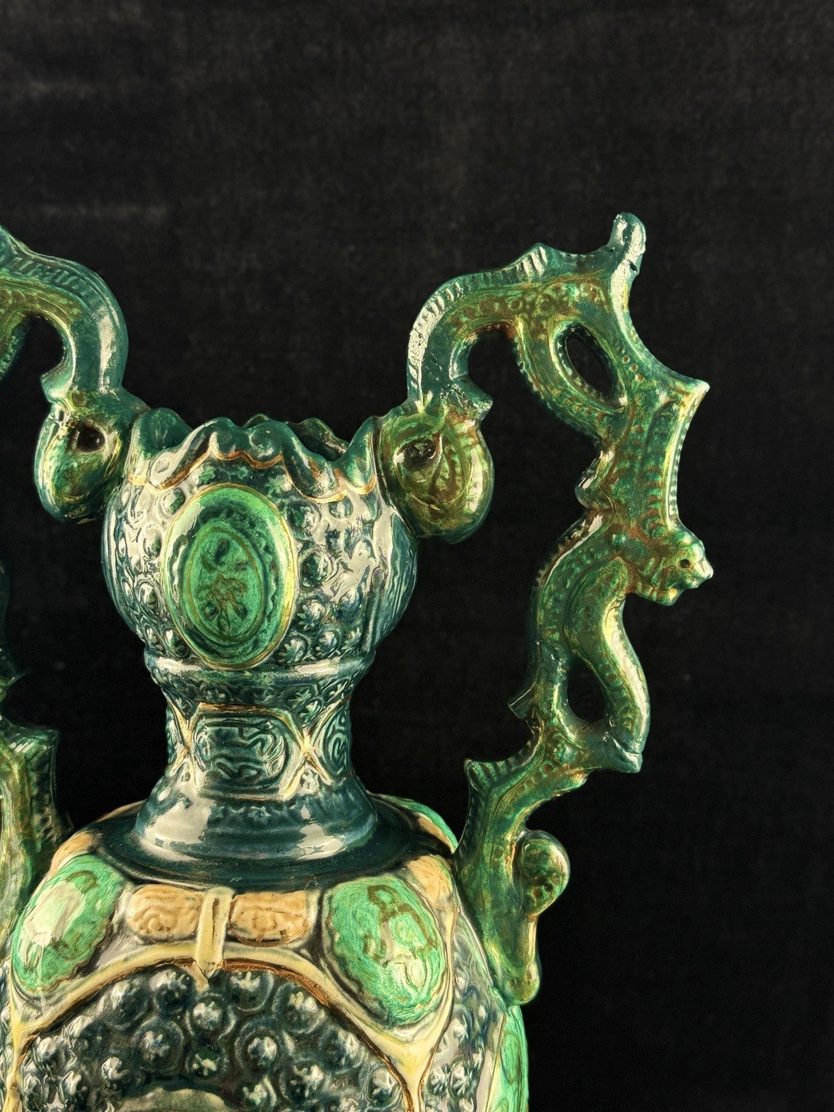 Romano Majolica Style Ornate Green Vase Glazed Ceramic 15” Antique Vase13