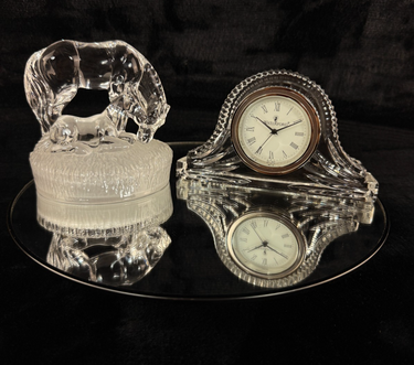 Elegant Waterford Crystal Clock & Frosted Crystal Horse Figurine Desk Decor Set0