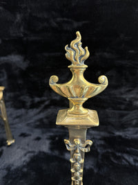 Thumbnail for Antique Brass Fireplace Firedogs Andirons Pair - Georgian Neoclassical Style10