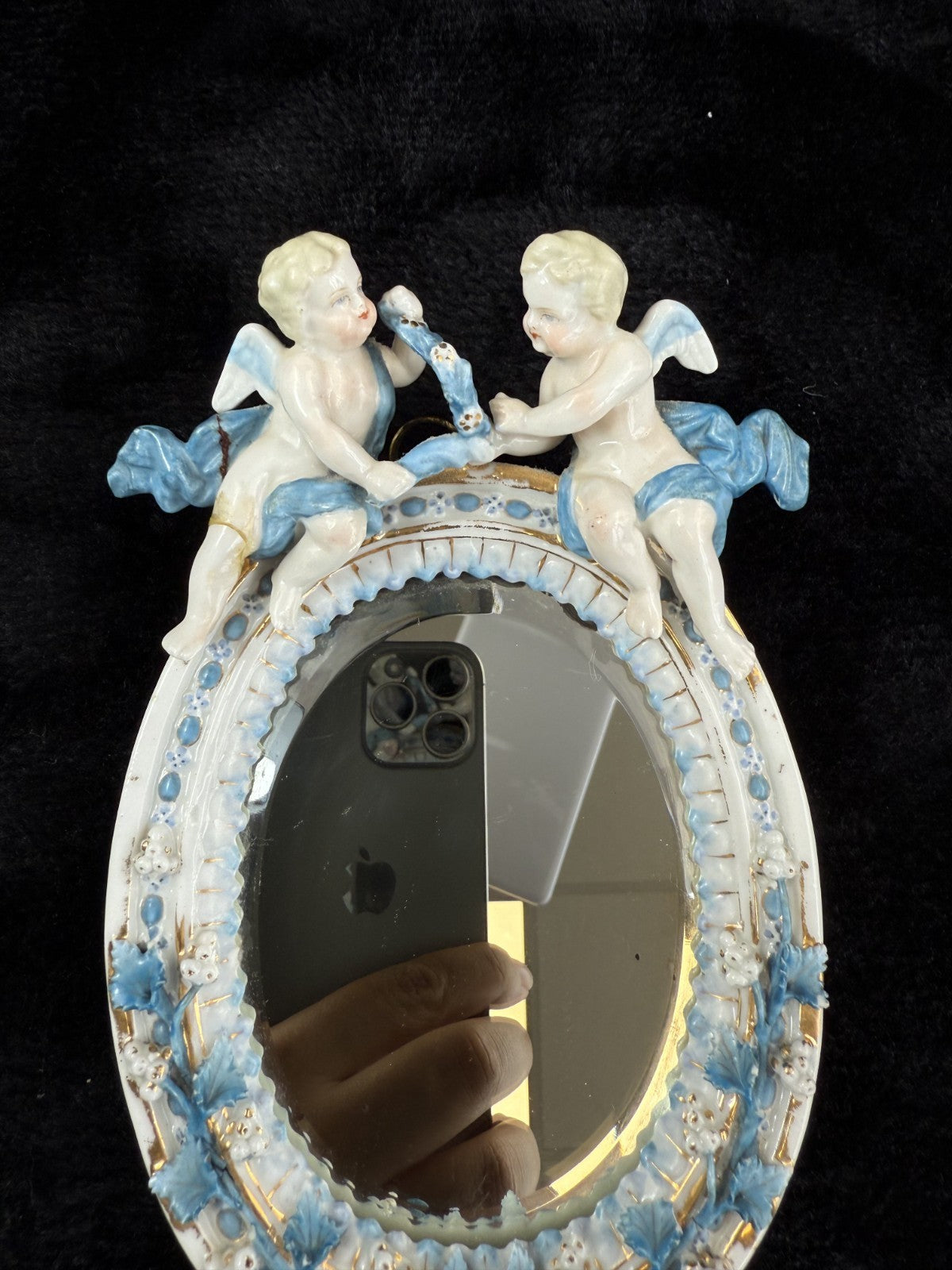 French Antique Style Porcelain Mirror with Cherub Figurines repaired leg Gilt4