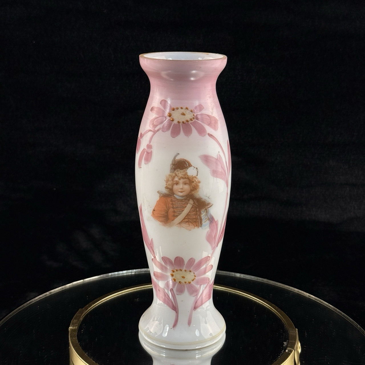 Victorian Pink Milk Glass Vase Portrait Enamel 8” Antique Vase bedroom vtg decor1