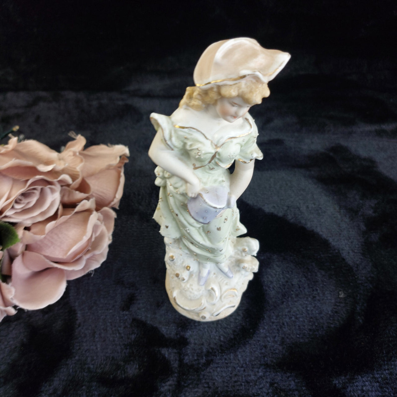 German 9in Bisque Figurine Girl Watering Can Antique Hand Painted Gilt Accents2