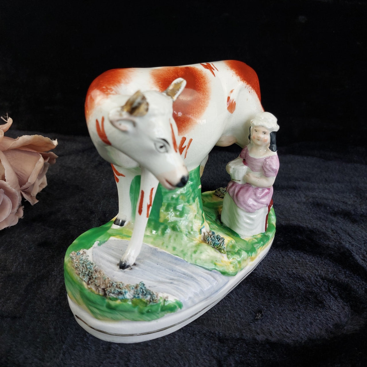 1800s Antique Staffordshire Cow Creamer Figurine 6.5" Milking fireplace decor14