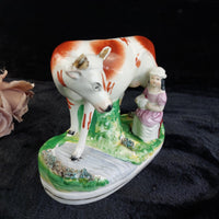Thumbnail for 1800s Antique Staffordshire Cow Creamer Figurine 6.5