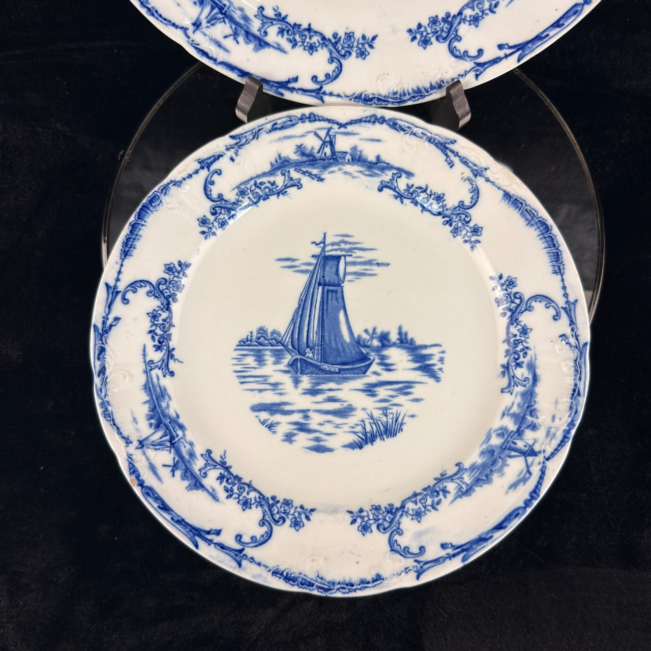 1890s plate antique Delph Blue & White Transferware Plates Sailboat Scene x2 UK14