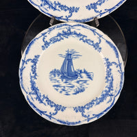 Thumbnail for 1890s plate antique Delph Blue & White Transferware Plates Sailboat Scene x2 UK14