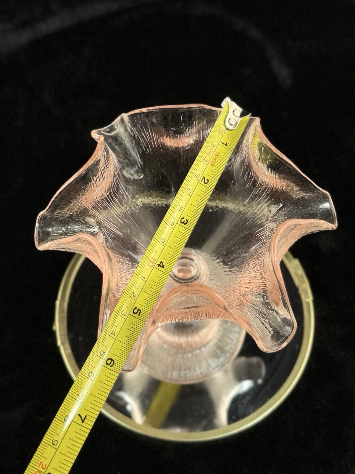 French Pink Amber Glass Compote Bowl Ruffled Pedestal 6.5” Vintage Elegant5