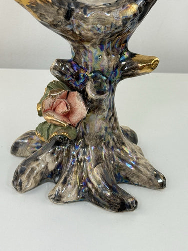 Ceramic Bird Figurine Pair Tree Truck Iridescent Roses Good Trim See Pics Decor1