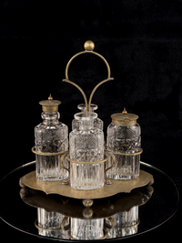 Thumbnail for Antique Brass & Cut Glass Cruet Set Four Bottle Table Castor Stand Marked EPNS.0