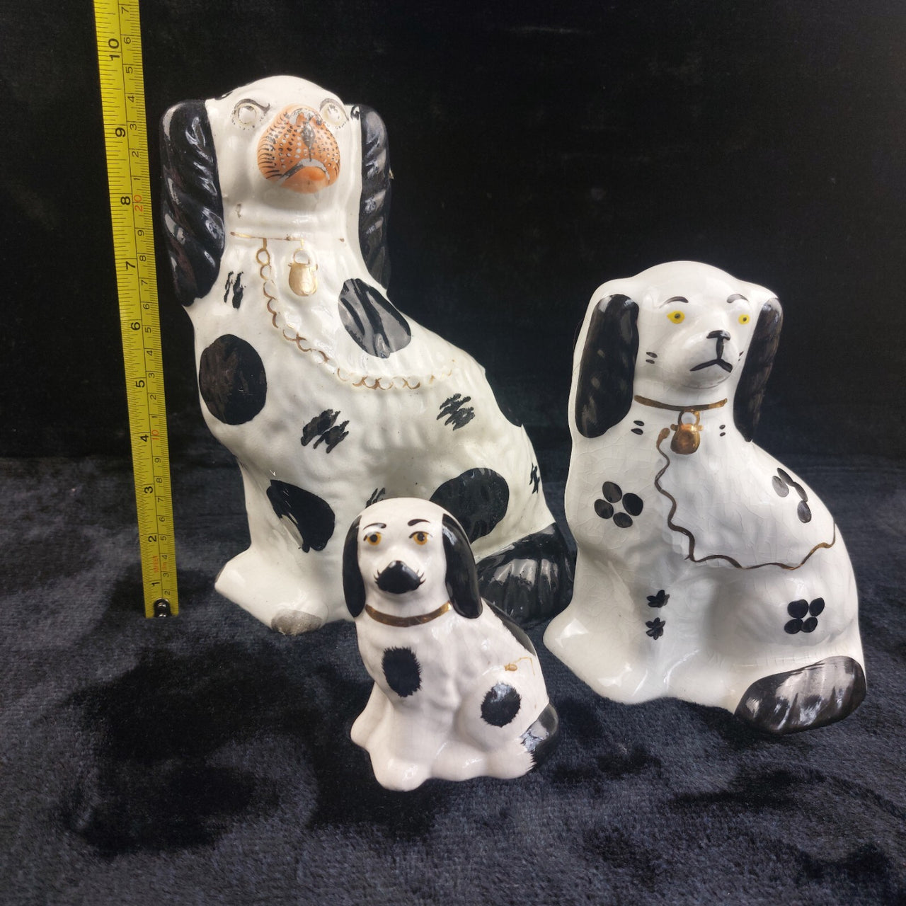 Staffordshire Dog Figures Trio White Black , 7.5 in, 4.5 in Handpaint 9.5" Large2