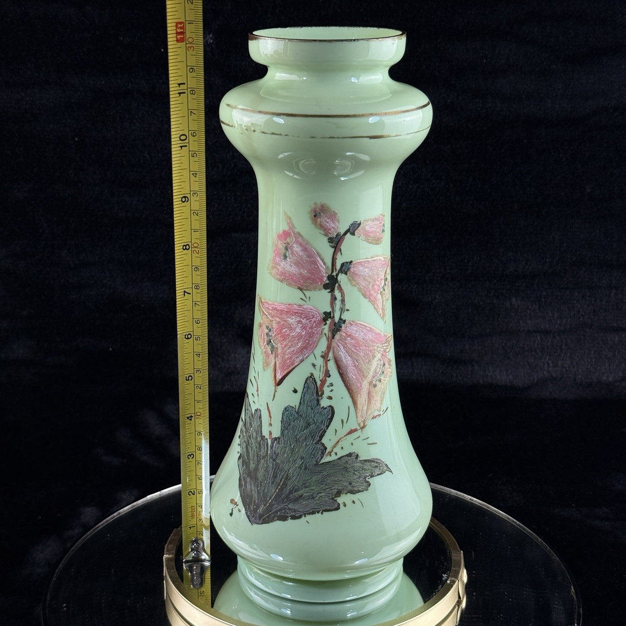 Milk Antique Glass Vase Pink Bell Flowers 10.5” Green Enamel Gilt bohem decor11