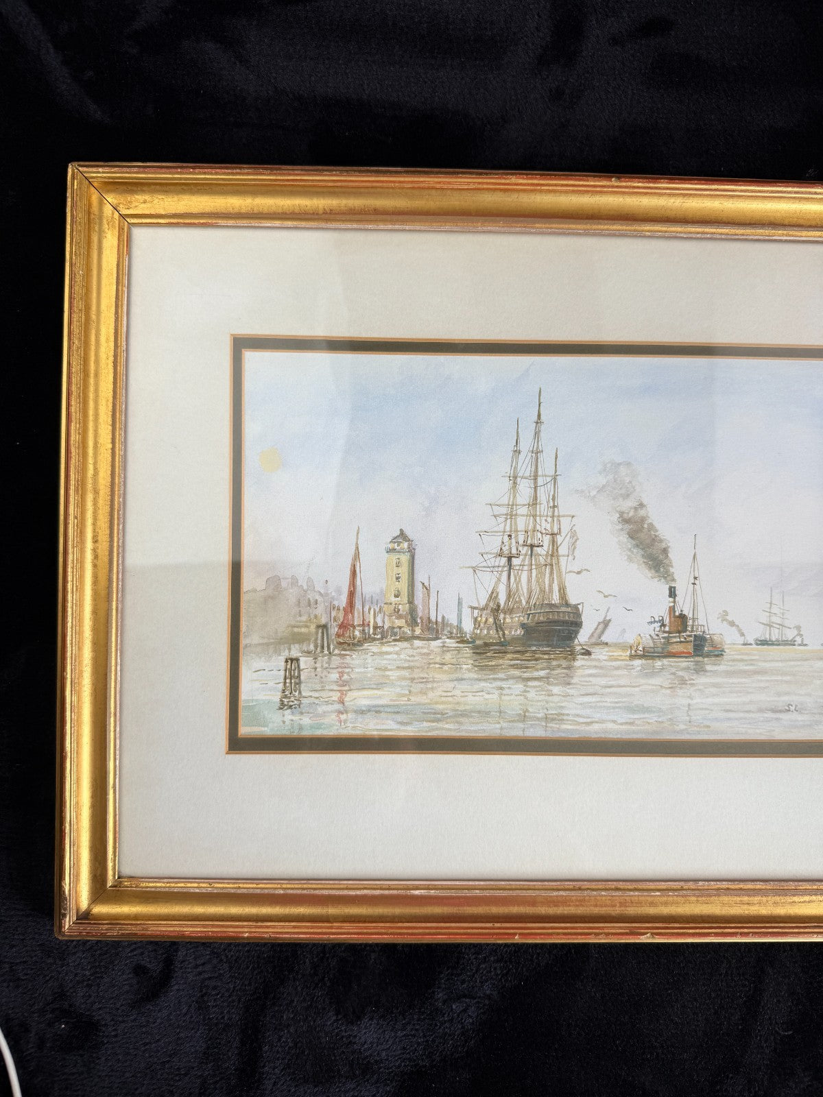 Antique S.L. Signed Watercolor wood gold framed- A London Harbor Scene.17