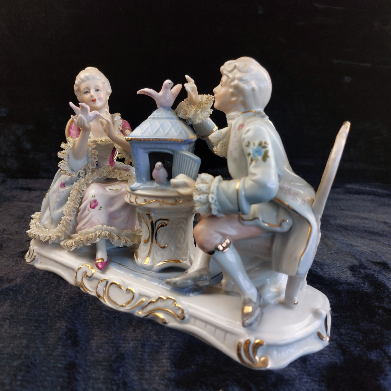 Dresden Style Porcelain Couple with Birds cage –Worn Lace & Tip Damage Gilt 9in6