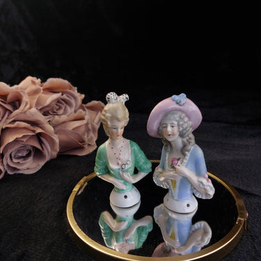 Germany Porcelain Half Doll Pair Lady Figurines Hand Painted 4.2 in #10061