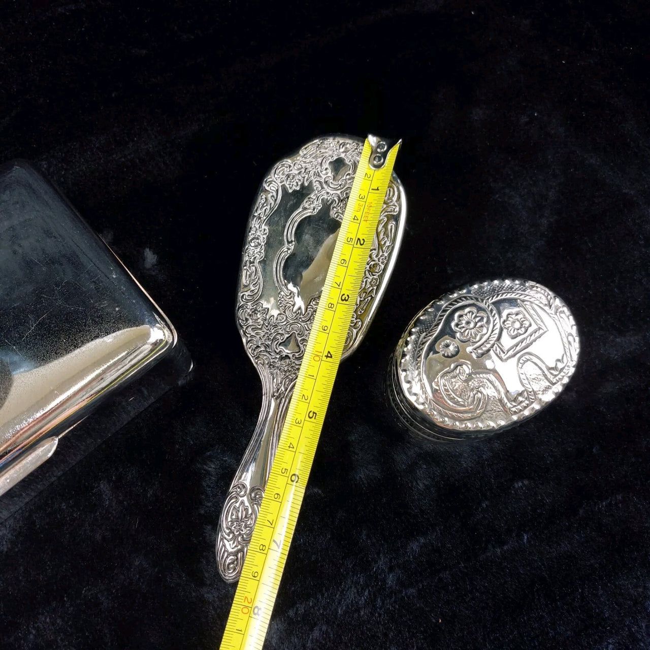 Vintage Silver-Plated Vanity Set gift– Round Ornate Etched Box & Hand Mirror2