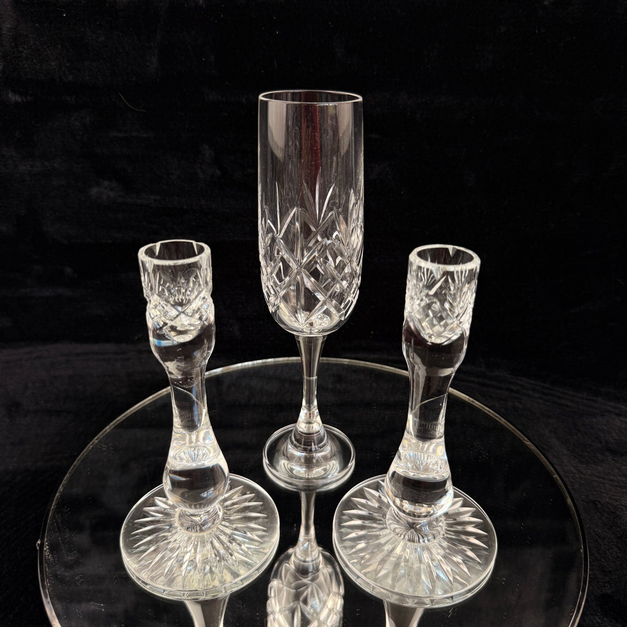 Vintage Cut Crystal Glassware Set – 6 Champagne Flutes & 2 Candlestick Holders10