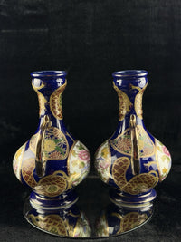 Thumbnail for Japanese Blue Cobalt Porcelain Vases Pair Gold Gilt Floral Moriage Antique Decor12