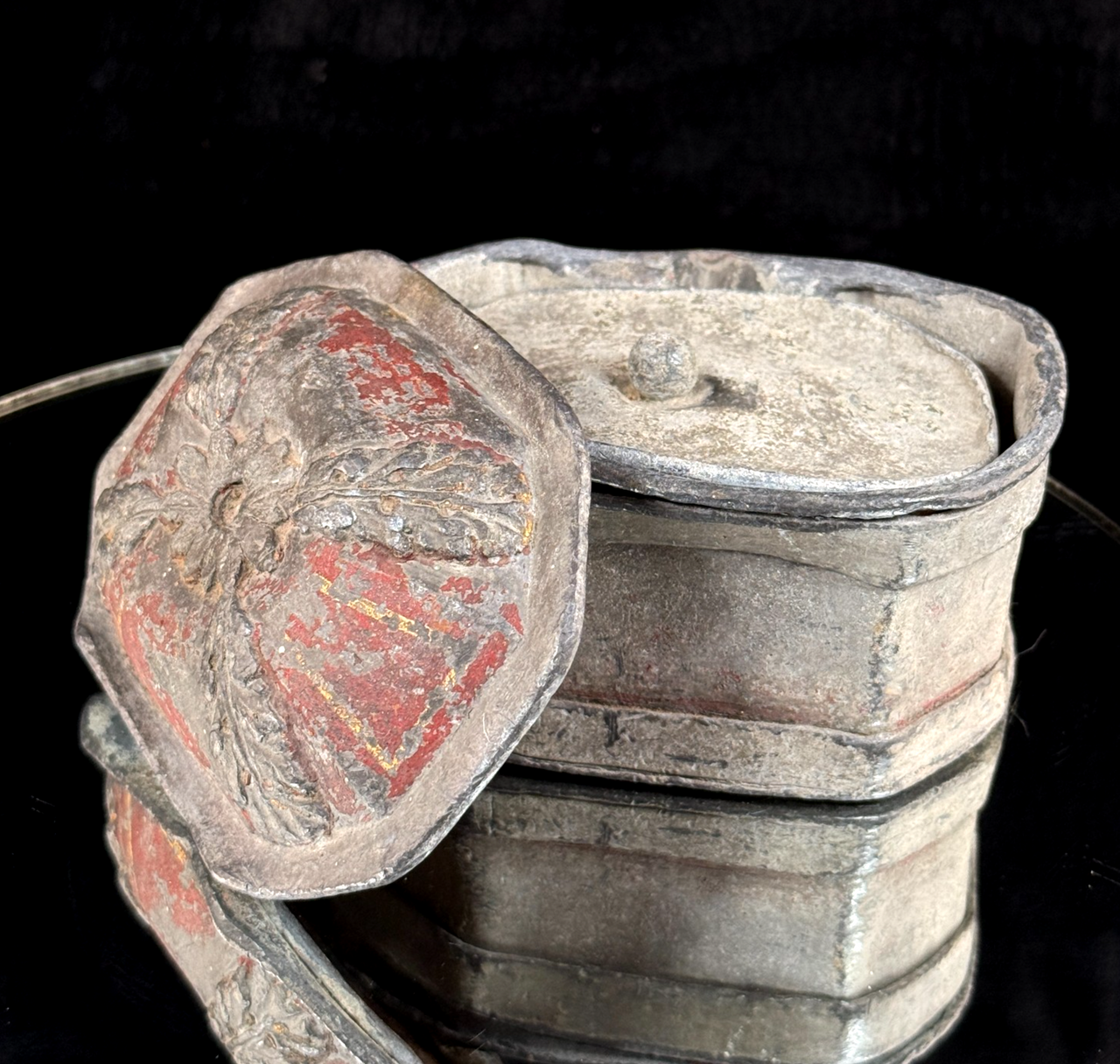 Antique 19th Century Stone Trinket Box Red Floral Relief Lid 5" x 3.5" Heavy1