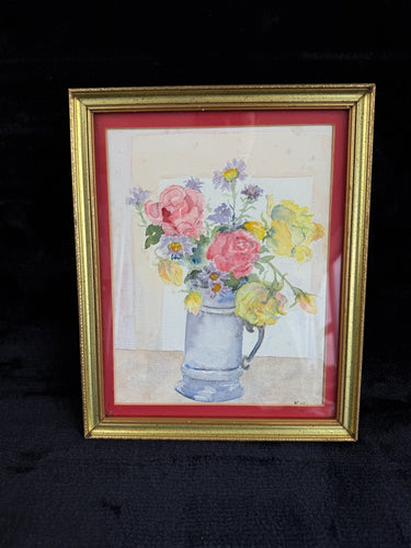 Watercolor Still Life: Roses and Daisies in a Pewter Mug, Signed K.W. Painting1