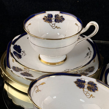 Royal Albert  1930s Crown China Blue Gold Leaf 2 Trios & Sugar Bowl Set England.1