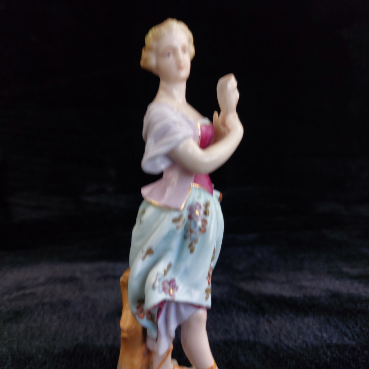 German Porcelain Lady Figurine Holding Mask Flowered Dress Victorian Antique7
