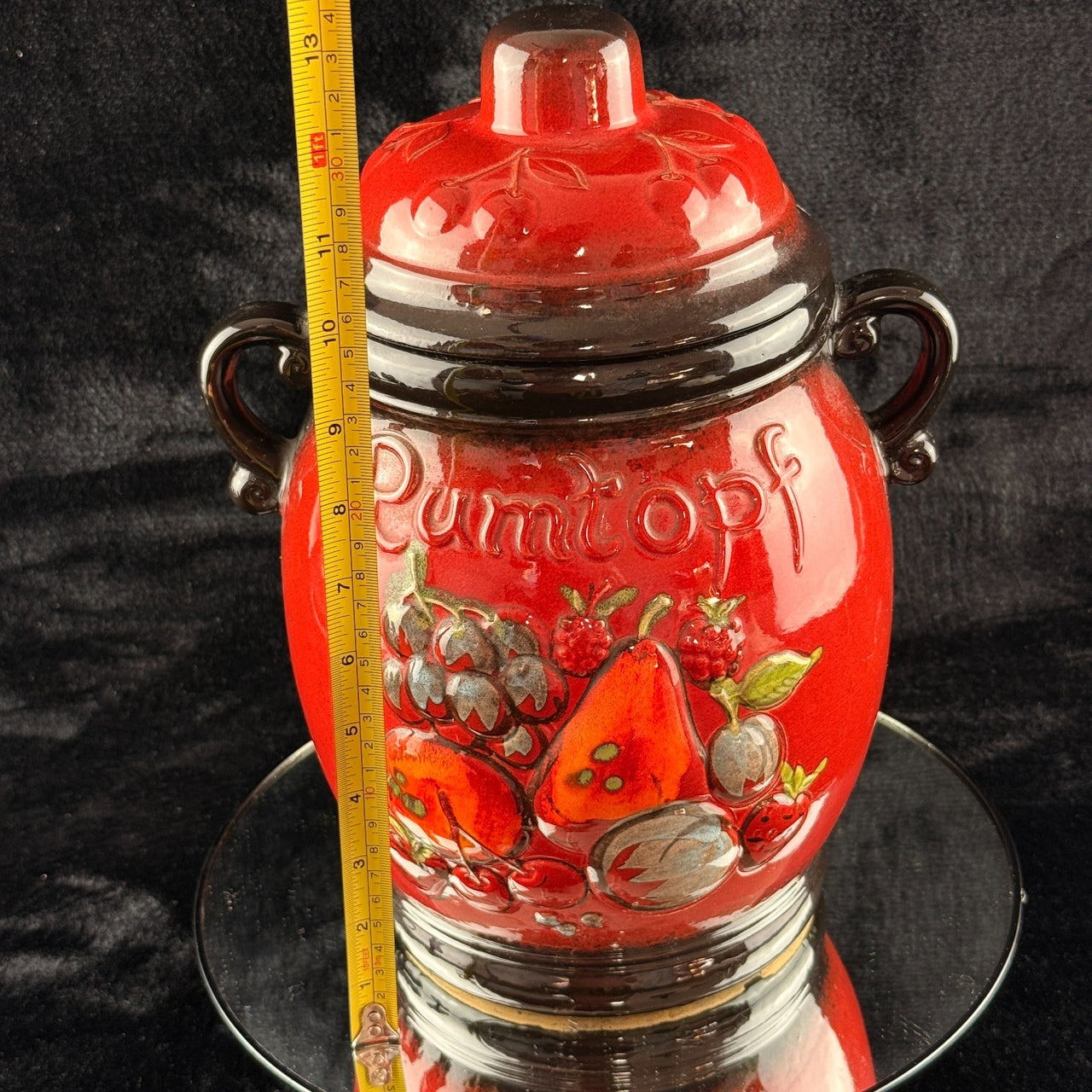 West Germany Rumtopf Jar Red Glazed Fruit Motif 13" Ceramic 2.6 kg2