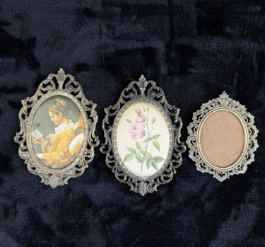 Italian Antique/Vintage Brass Oval Frames with Fabric Prints  Set of 31