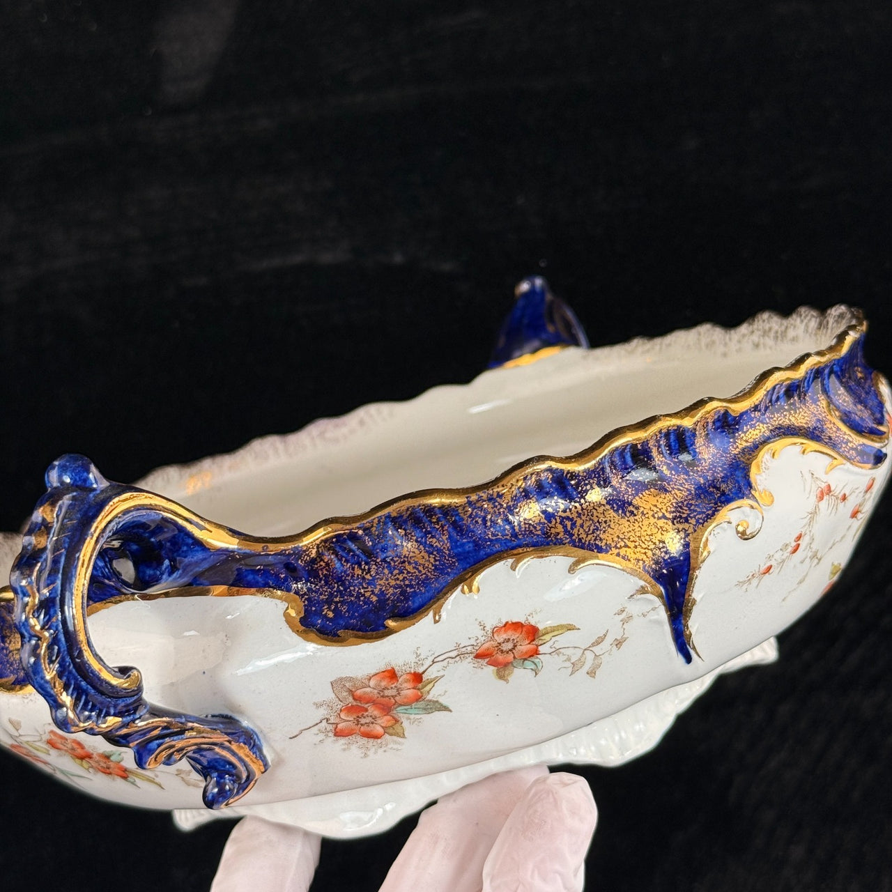 K&C Royal Semi Porcelain Bowl Cobalt Blue Gold Blossom Floral 10" England navy14