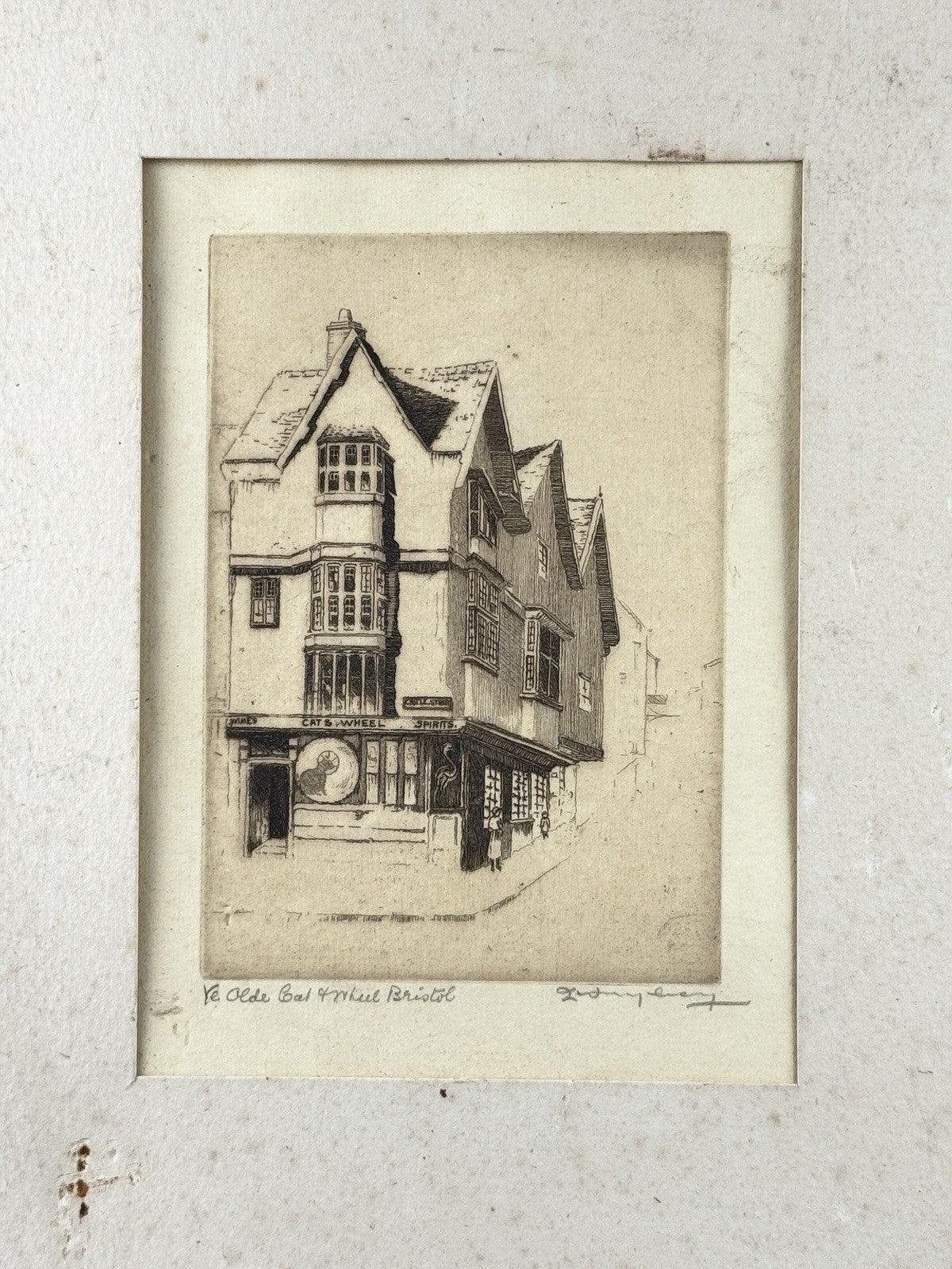 Sidney Lawrenson Etching Ye Olde Cat & Wheel Bristol Framed Pub Scene c.1920s1