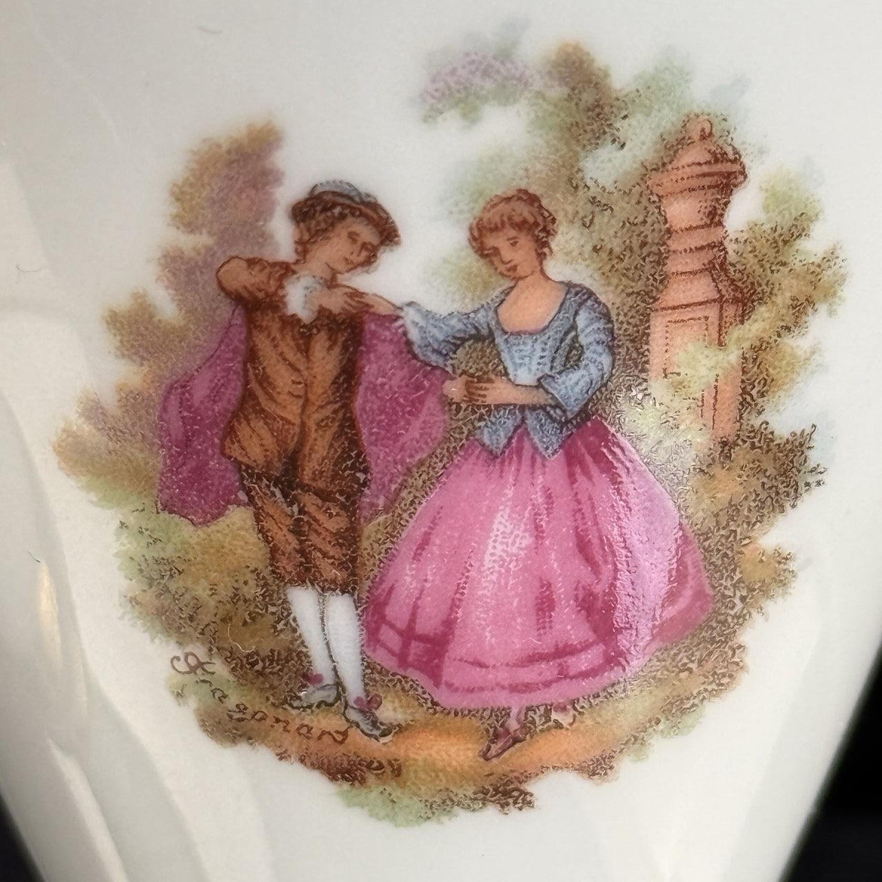 Pair of La Reine Limoges Porcelain Vases Gold Gilt Romantic Courting Couple3