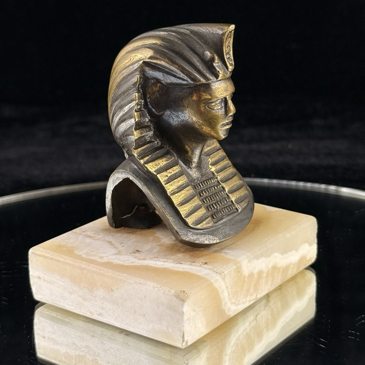 1920s Pharaoh Bronze Bust Tutankhamun on Marble Base Egypt Figurine Decor B11