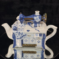 Thumbnail for Novelty Machine Sewing Teapot White Blue Gold Ceramic Stitching Theme see pics4