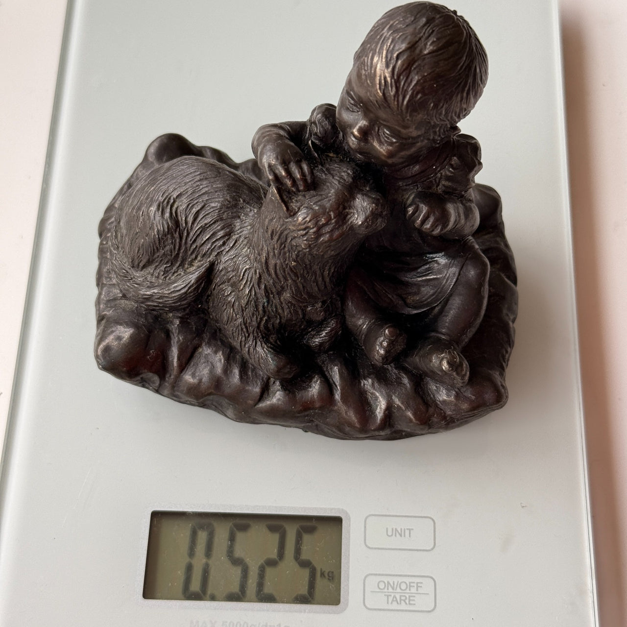 Vintage Bronze signed Baby with Dog Sculpture – 4.5" Wide 4" Tall Figurine gift16