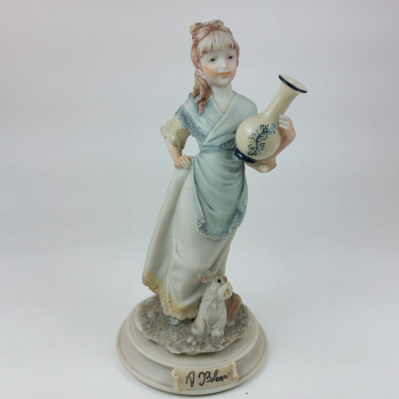 Signed A. Belcari Girl with Dog Vase Capodimonte Italian Porcelain 7" 1987 dec5