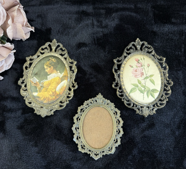 Italian Vintage/Antique Brass Oval Frames with Fabric Prints - Set of 3 Italy0