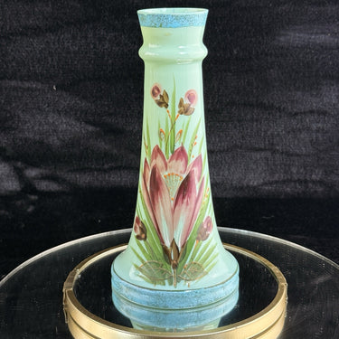 Milk Glass Art Glass Vase Turquoise Hand Painted Floral Tall 10” Enameled Accent0
