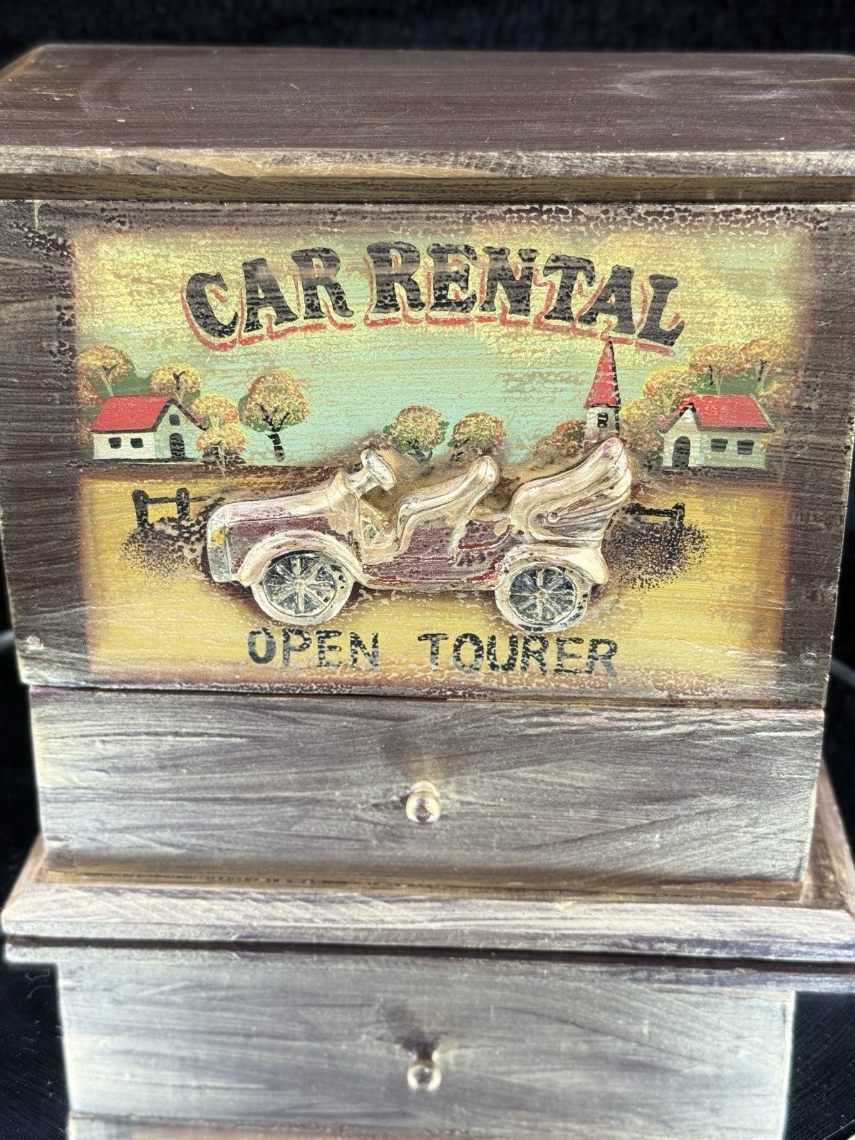 Vintage Wooden Car Rental Open Tourer Trinket Box Drawer Chest Rustic Desk Box3