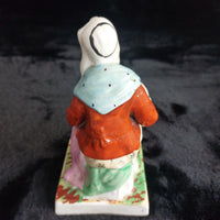 Thumbnail for Antique Staffordshire Figurineâ Woman bluescarf , holding Teapot Painted 1880.5