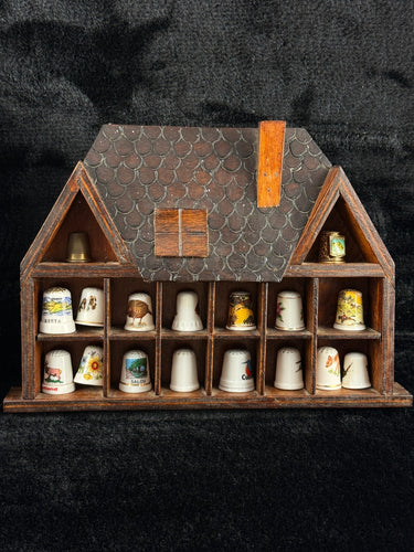 Vintage Porcelain Thimble Collection x40 with 2 Wooden Display Racks Travel Souv1